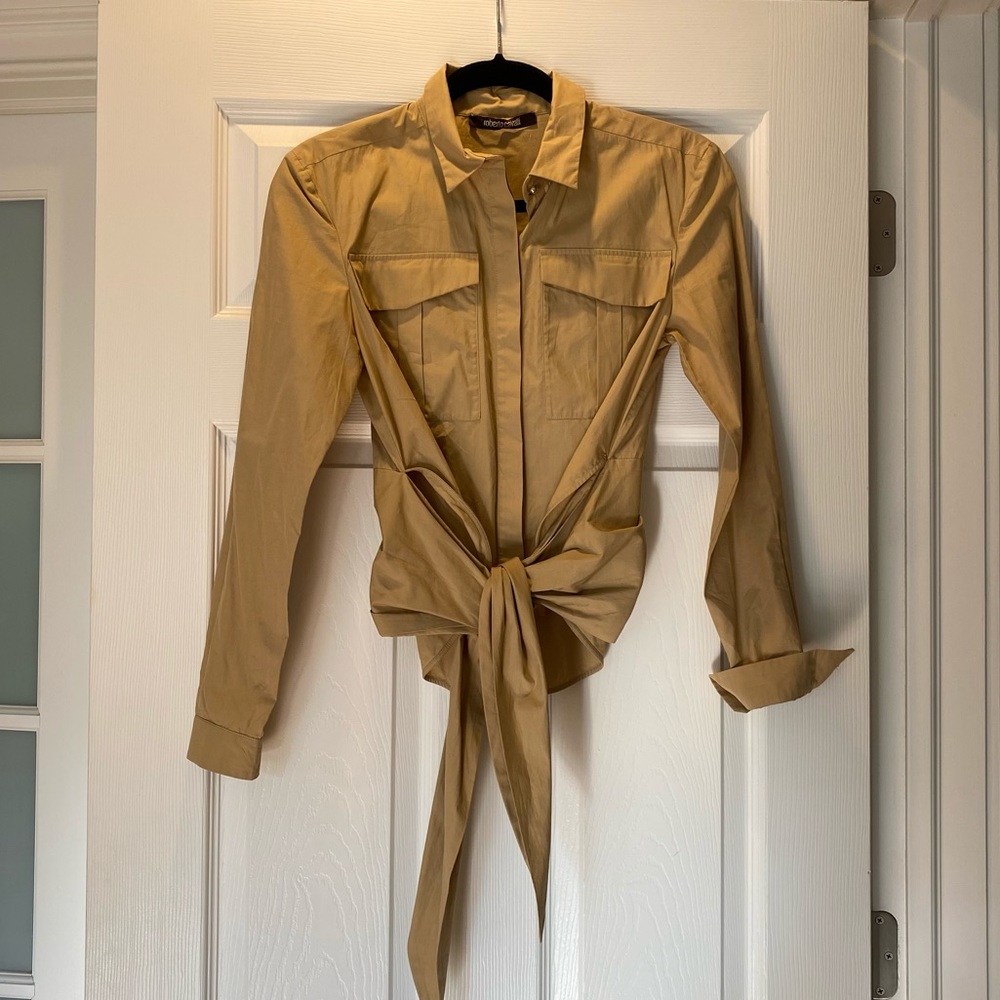 Roberto Cavalli, tan button down top, tie front